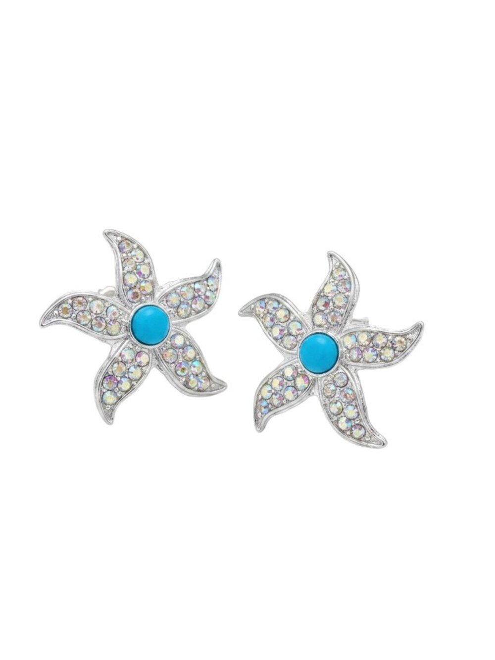 Sequin Women's Silver Plated Rhinestone Turquoise Resin Starfish Stud Earrings